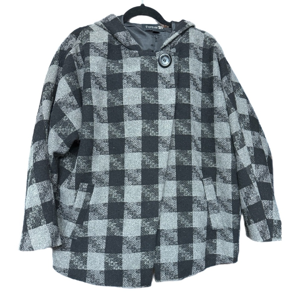 Forever 21 Women’s Black/Gray Plaid Hooded Cape Coat